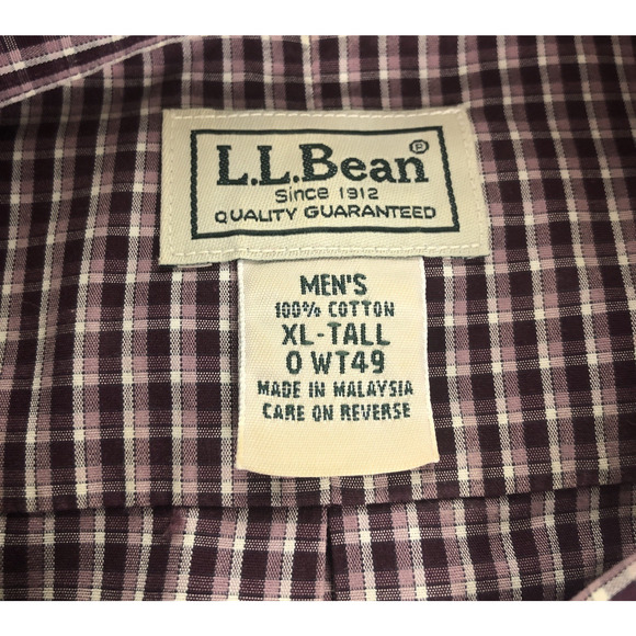 LL Bean Mens Shirt XLT Button Up Long Sleeve Purple Checkered Plaid Chest Pocket - Picture 3 of 12